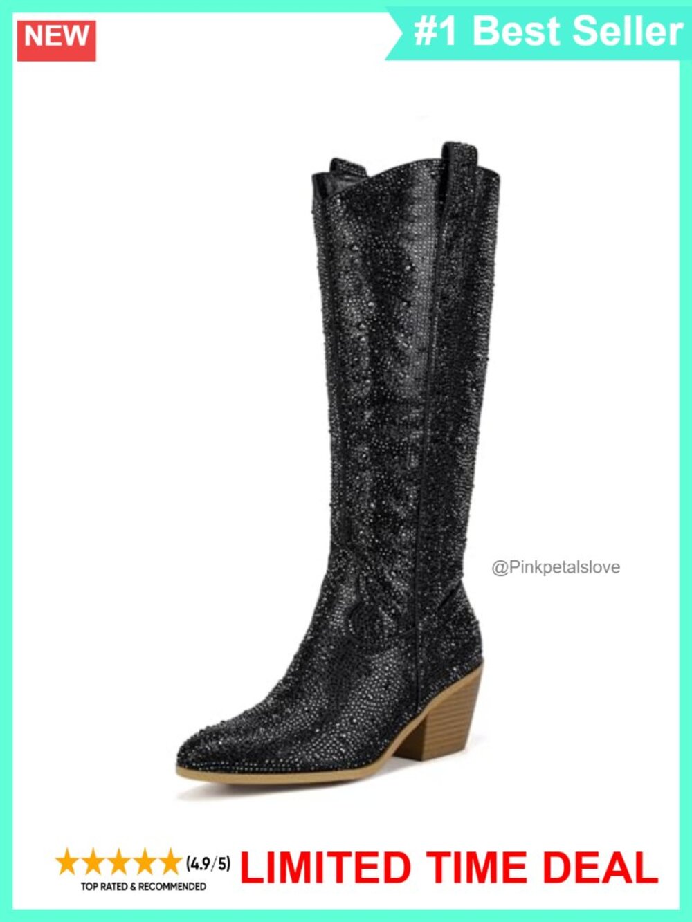 Cowboy Knee High Western Boots Women Chunky Block Heel Rhinestone Zip